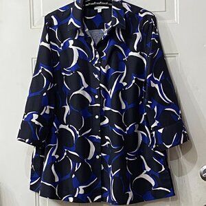 NEW Chico's No-Iron Sz 2.5 L Blouse Tunic Button Up 3/4 Sleeve Blue/Black/White